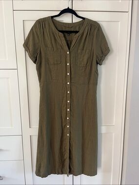 Talbots 100% Linen Size 12P Olive Button-Front Maxi Dress